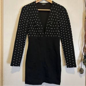 Bebe deep plunge long sleeve mini dress with pearl beading - size S